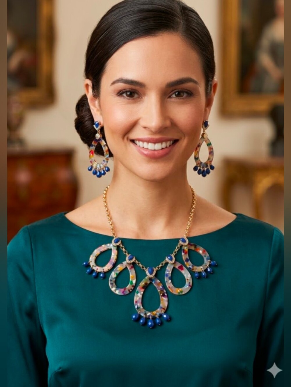 NWOT! Rainbow Acrylic Crystal Accent Gold Tone Statement Necklace and Earrings